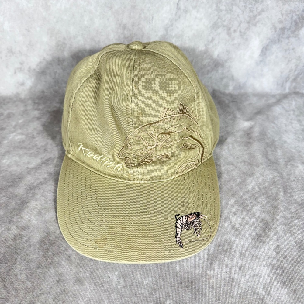 Vtg Outdoor Cap Redfish Shrimp Fishing Hat Khaki Embroidered Strapback 90s Y2K